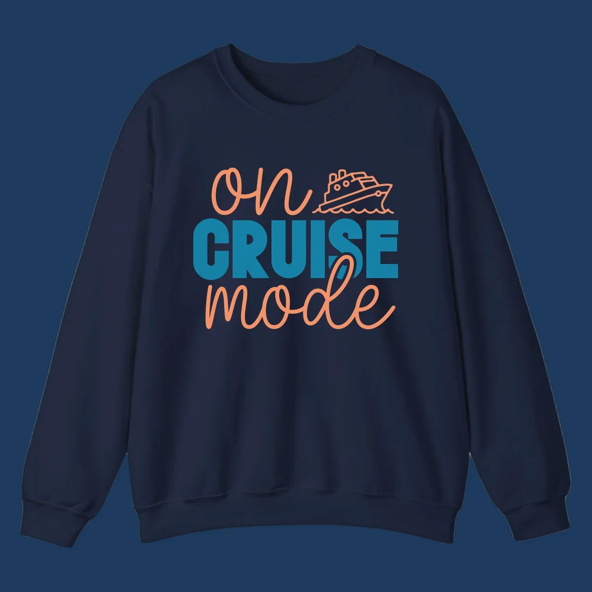 Ahoy cruise mode design with coral script text, teal lettering, and a line-art cruise ship sailing through waves on gray background