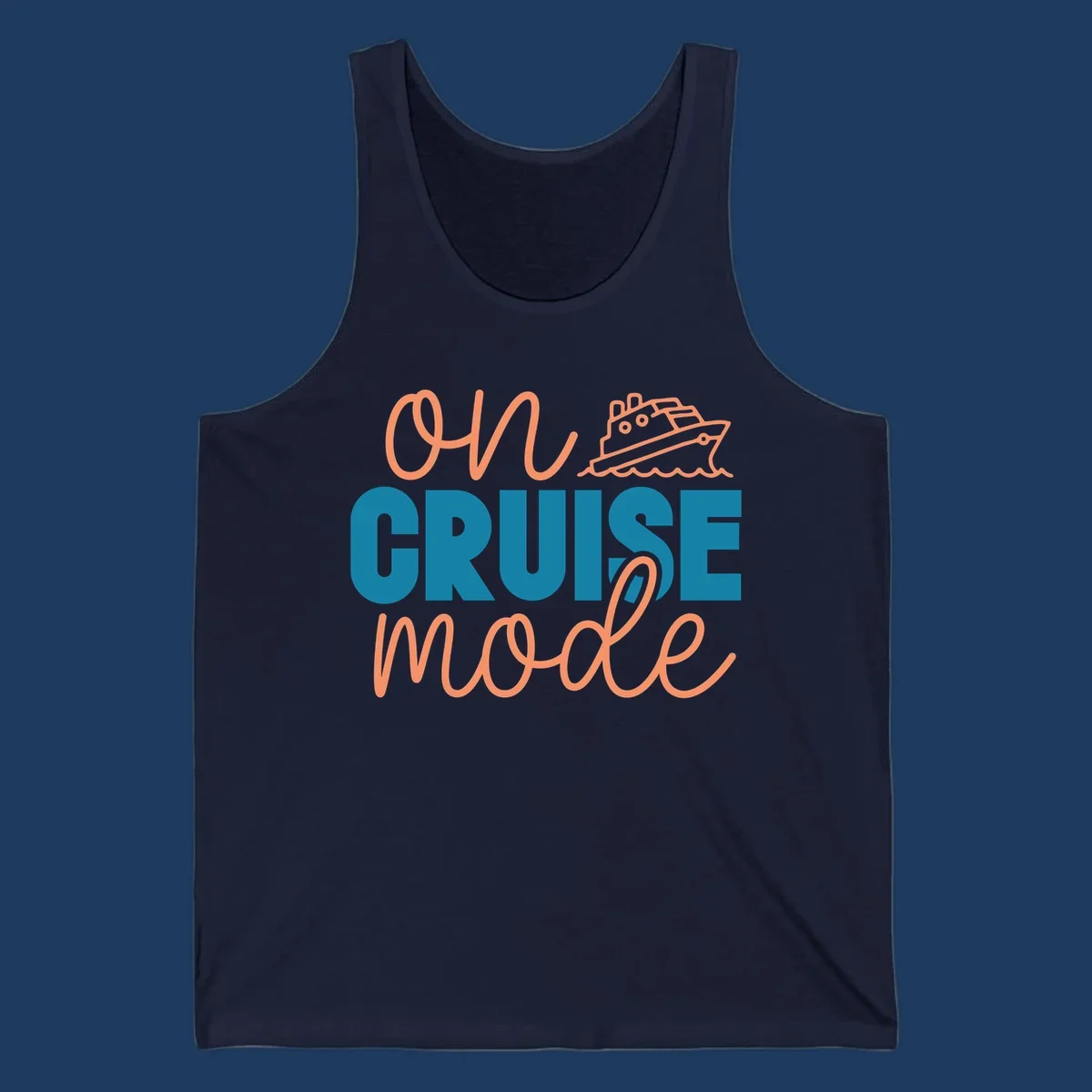 Ahoy cruise mode design with coral script text, teal lettering, and a line-art cruise ship sailing through waves on gray background
