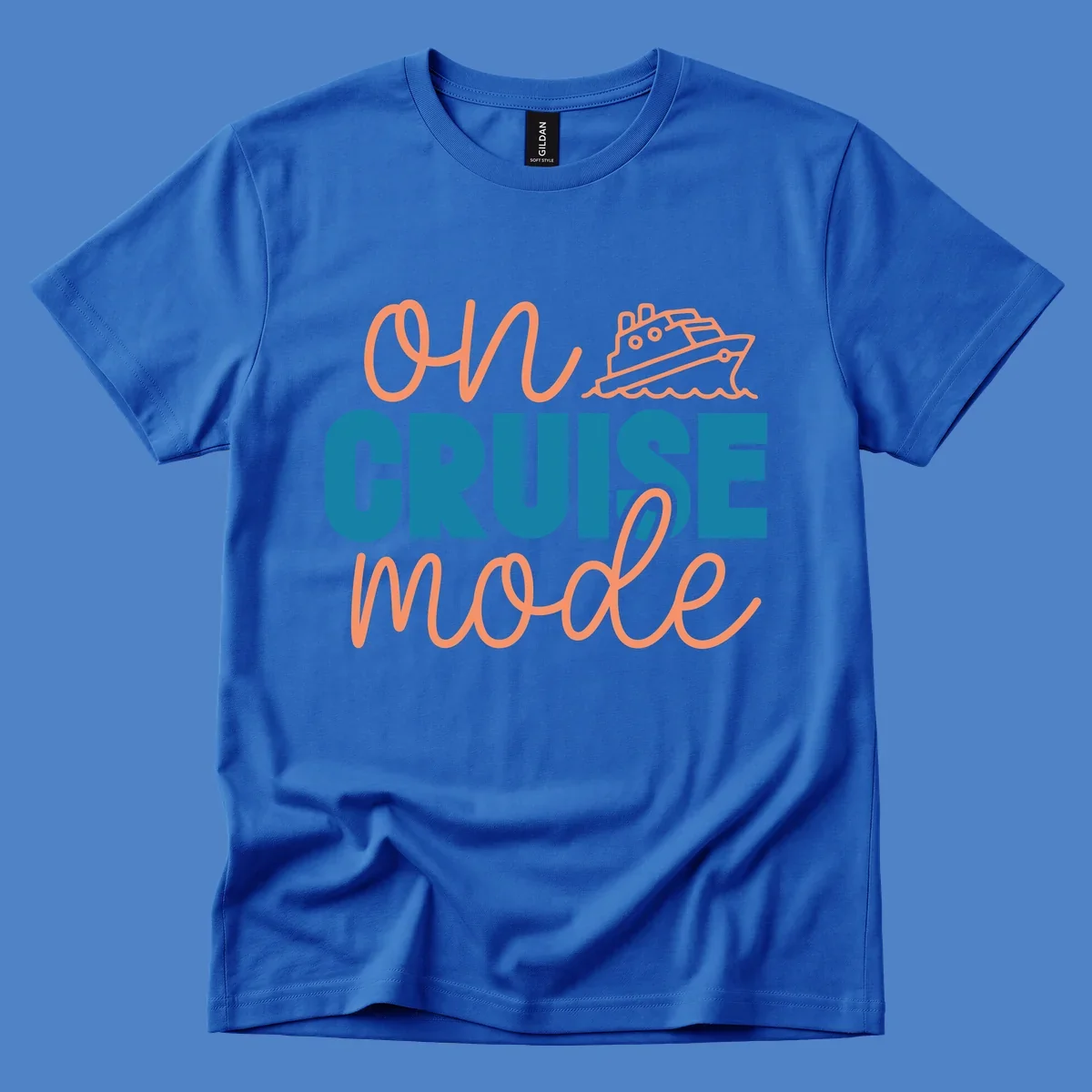 Ahoy cruise mode design with coral script text, teal lettering, and a line-art cruise ship sailing through waves on gray background