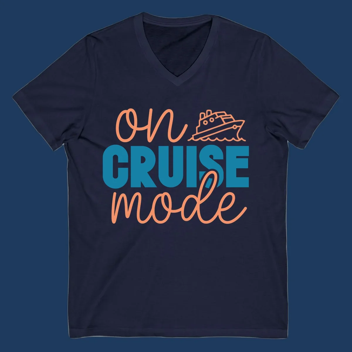 Ahoy cruise mode design with coral script text, teal lettering, and a line-art cruise ship sailing through waves on gray background