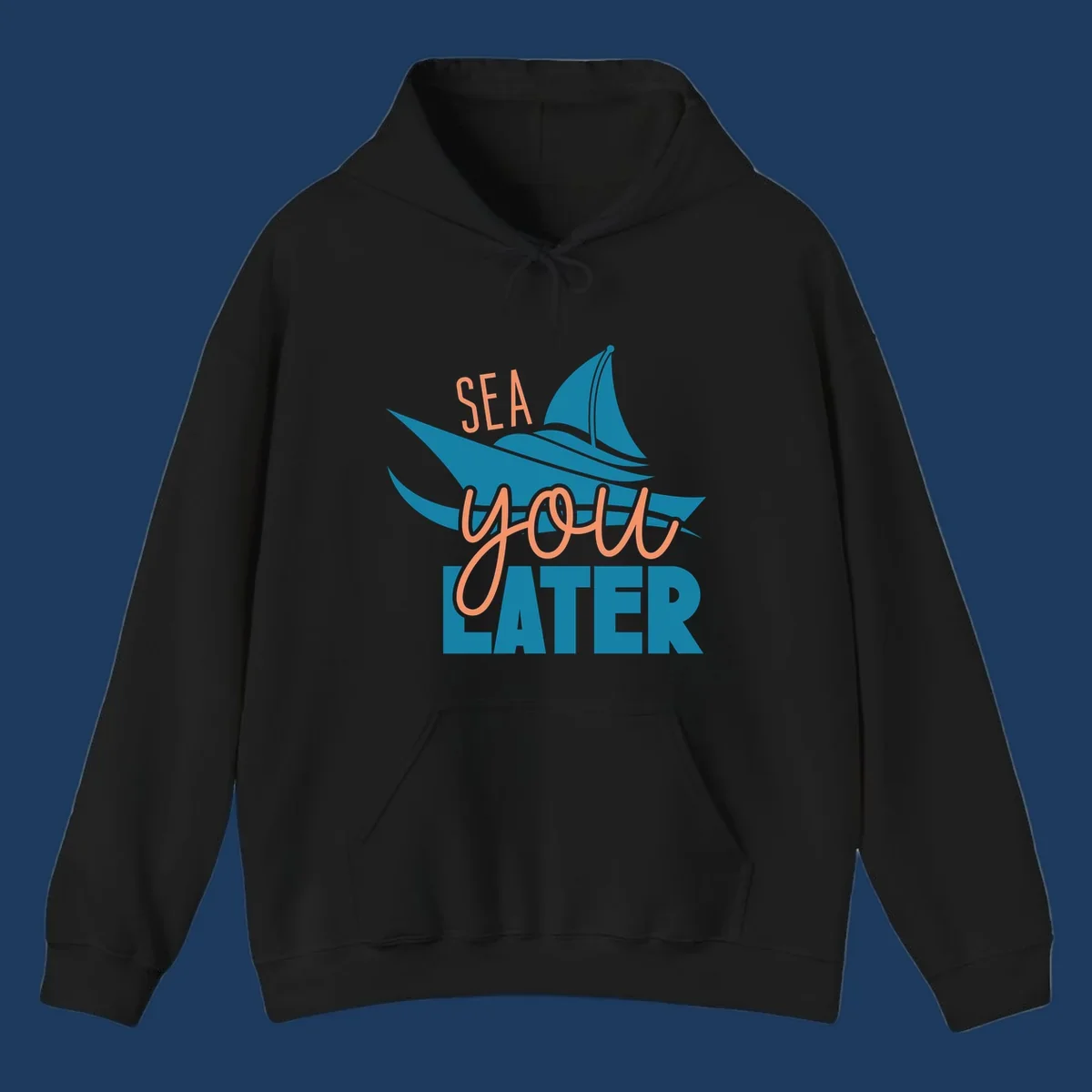 Sea you later sailboat design with teal sail and coral text on gray background