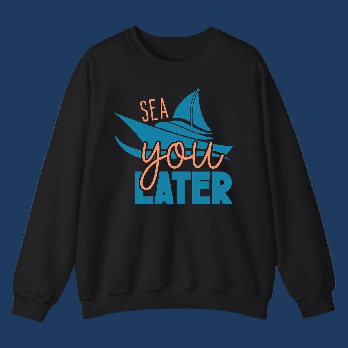 Sea you later sailboat design with teal sail and coral text on gray background