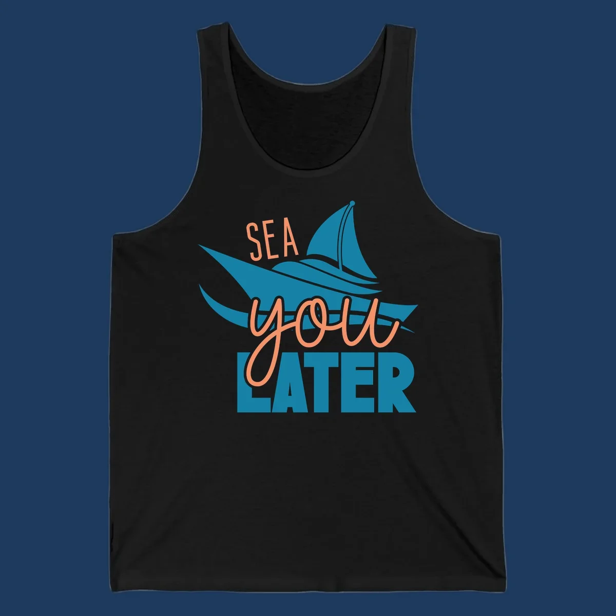Sea you later sailboat design with teal sail and coral text on gray background