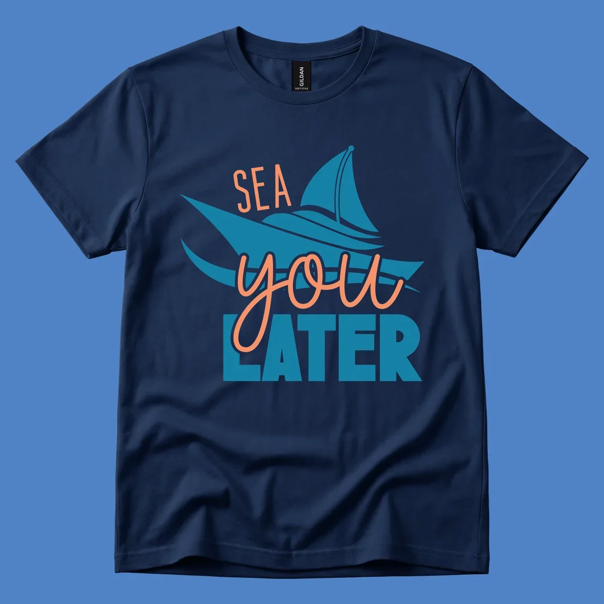 Sea you later sailboat design with teal sail and coral text on gray background