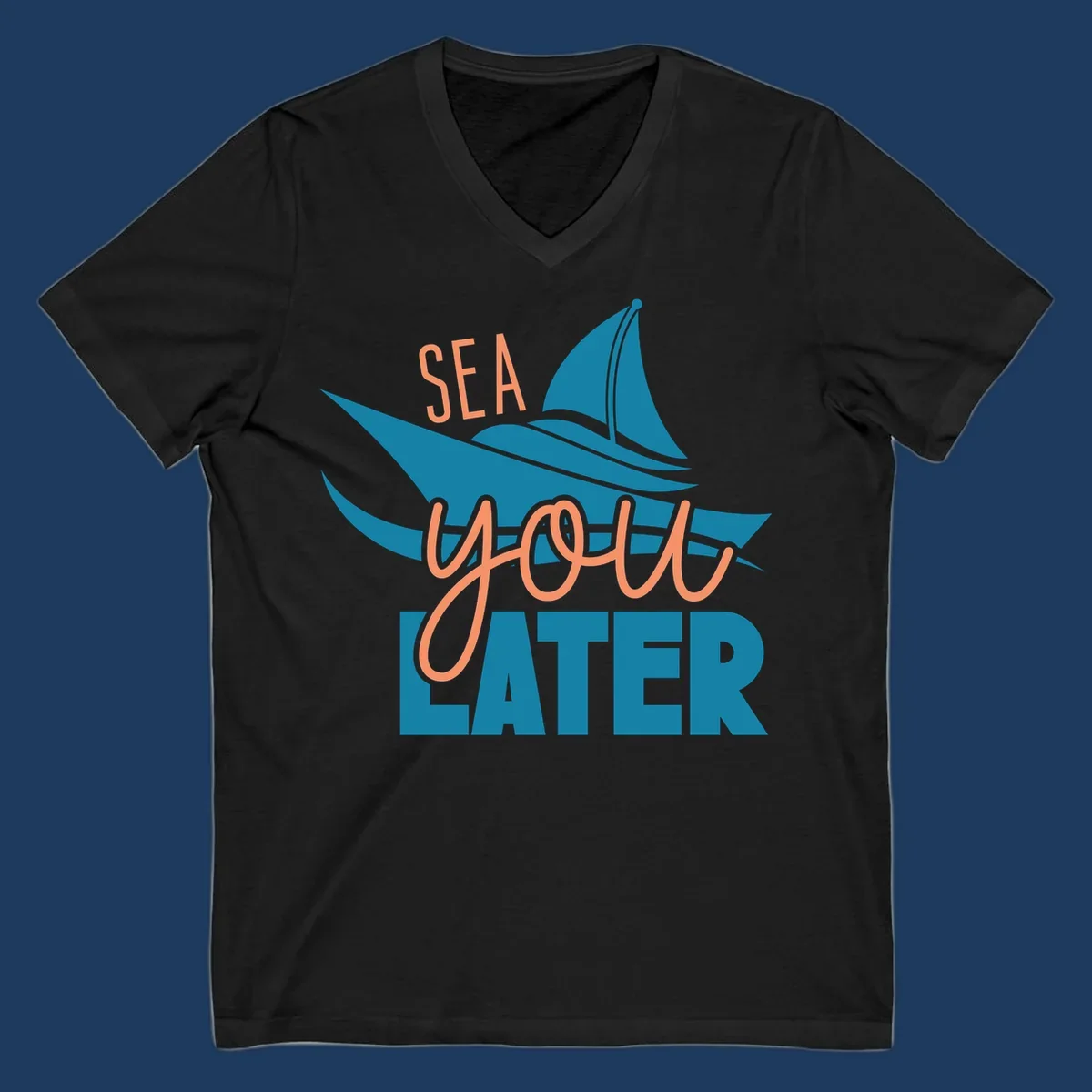 Sea you later sailboat design with teal sail and coral text on gray background