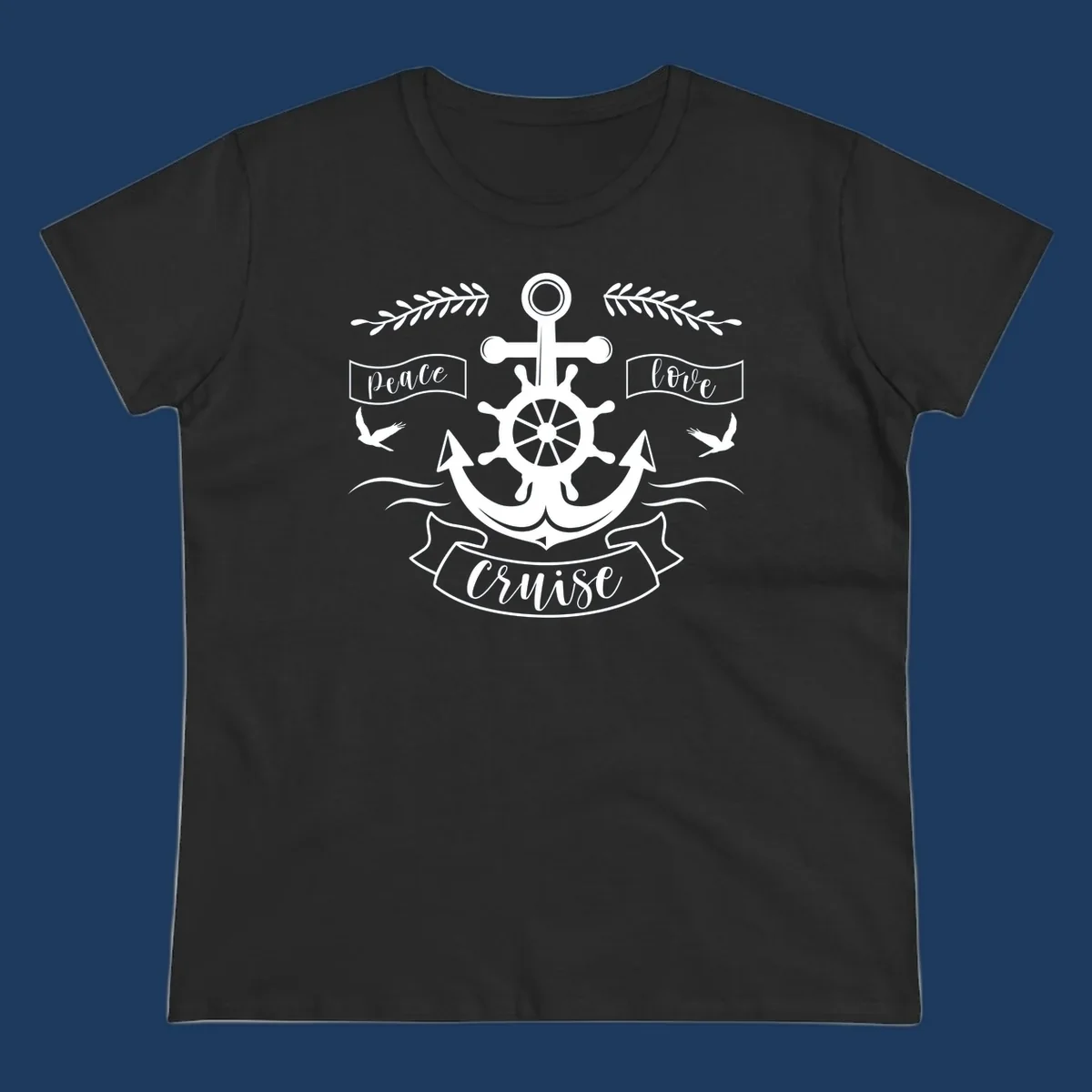 Nautical anchor design with ship's wheel, doves, and olive branches featuring 'Peace Love Cruise' text in decorative banners
