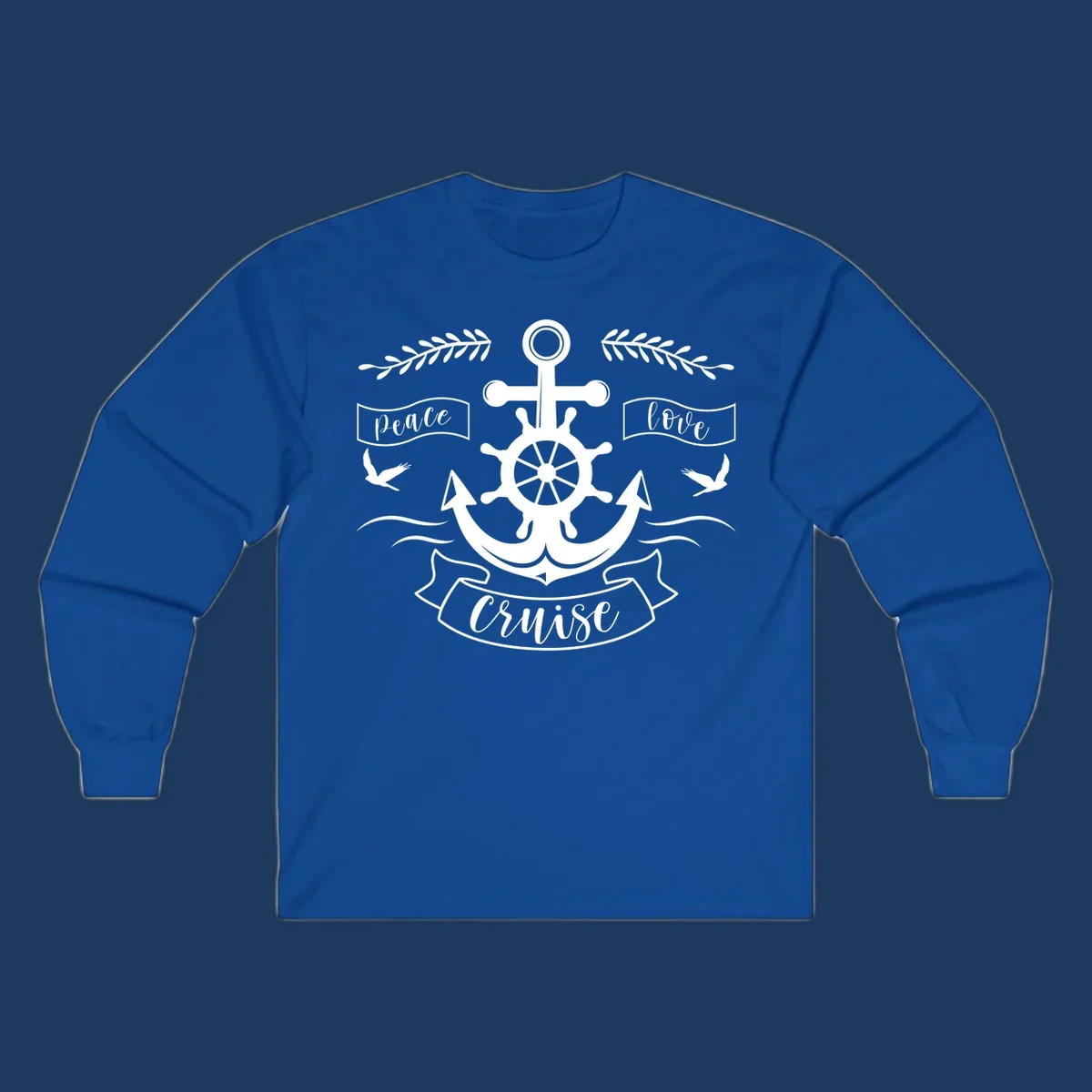 Nautical anchor design with ship's wheel, doves, and olive branches featuring 'Peace Love Cruise' text in decorative banners