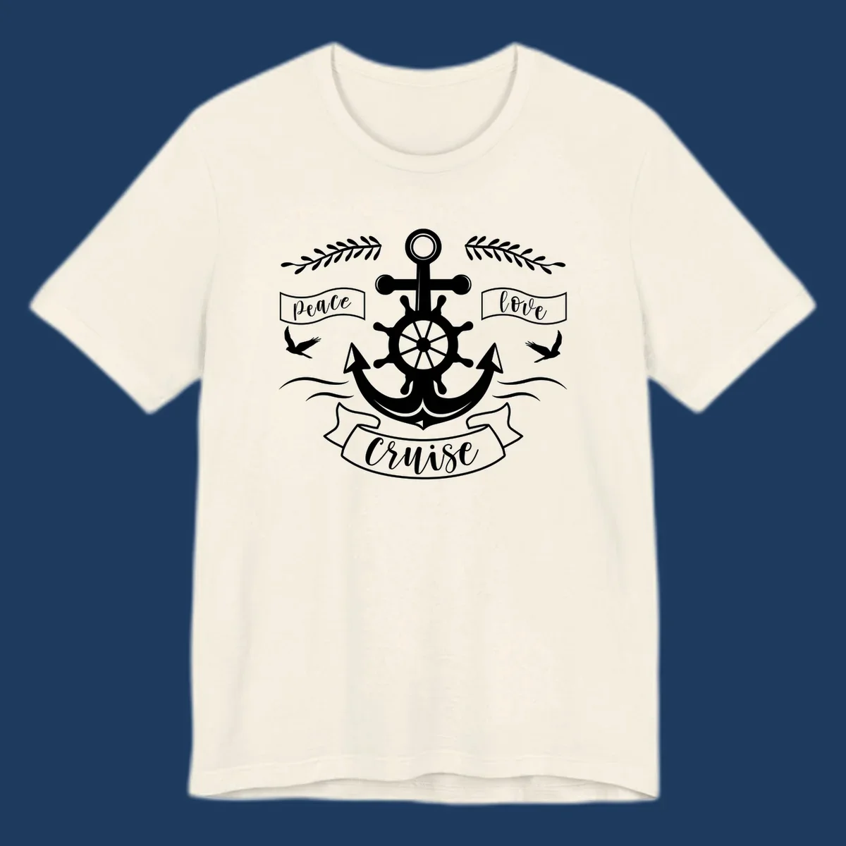 Nautical anchor design with ship's wheel, doves, and olive branches featuring 'Peace Love Cruise' text in decorative banners