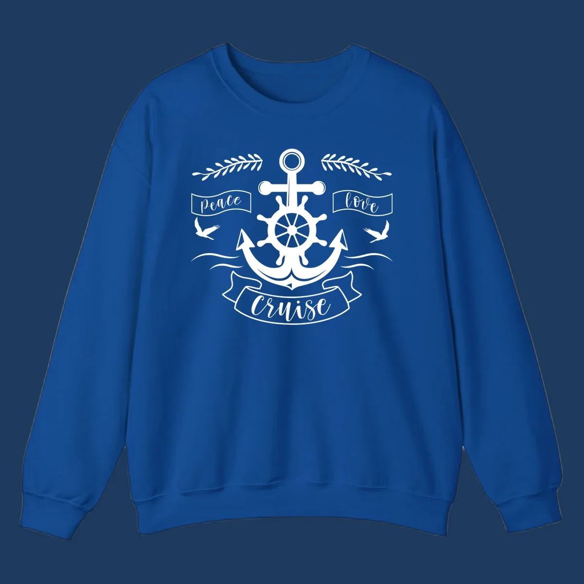 Nautical anchor design with ship's wheel, doves, and olive branches featuring 'Peace Love Cruise' text in decorative banners