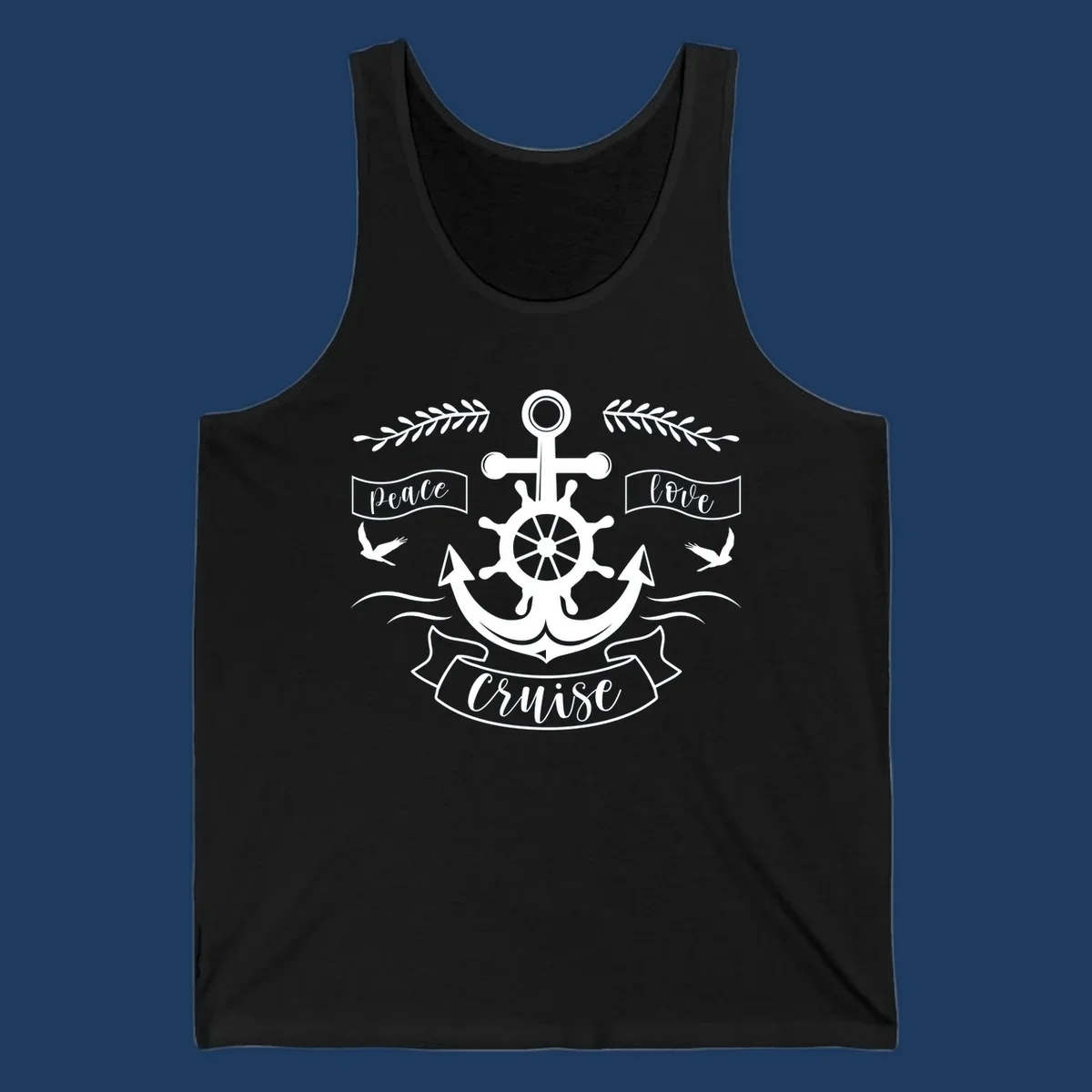 Nautical anchor design with ship's wheel, doves, and olive branches featuring 'Peace Love Cruise' text in decorative banners
