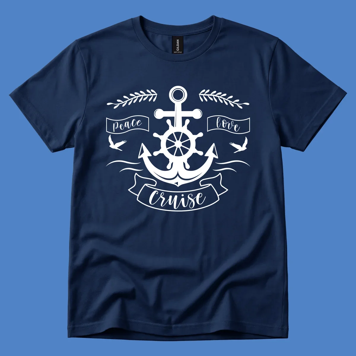 Nautical anchor design with ship's wheel, doves, and olive branches featuring 'Peace Love Cruise' text in decorative banners