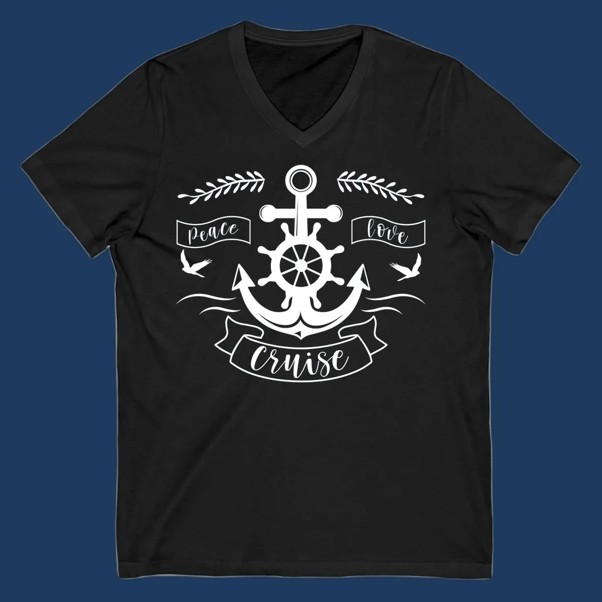 Nautical anchor design with ship's wheel, doves, and olive branches featuring 'Peace Love Cruise' text in decorative banners