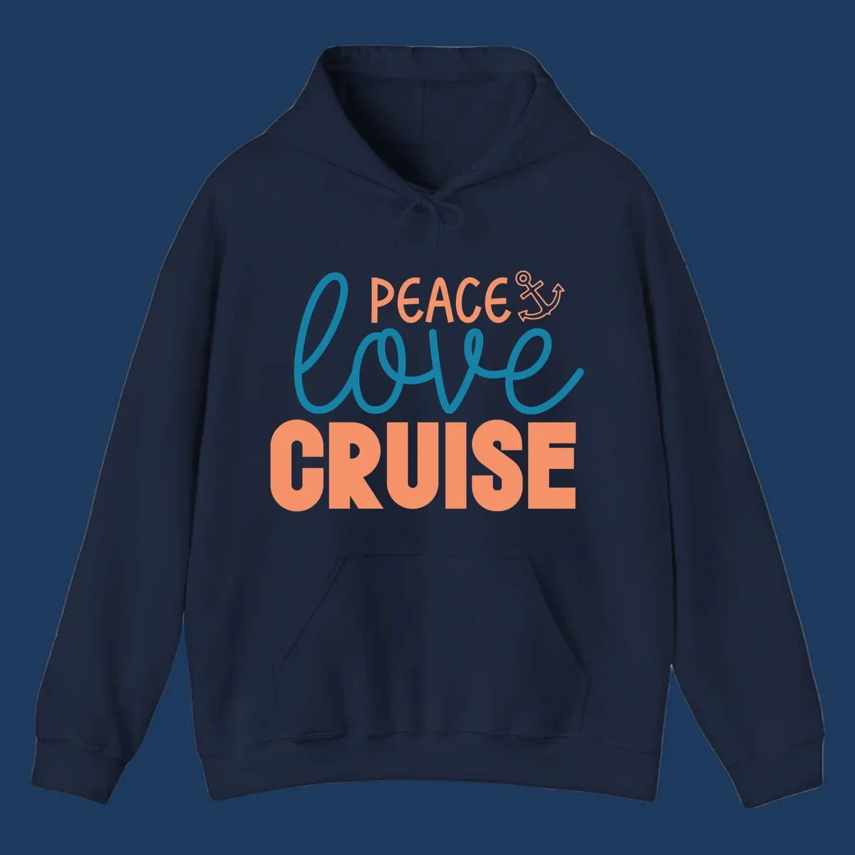 Peace Love Cruise design with coral and teal lettering and anchor icon on gray background