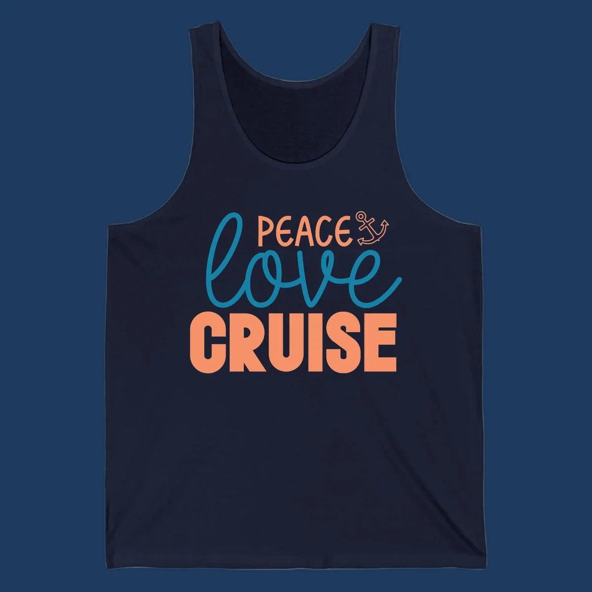 Peace Love Cruise design with coral and teal lettering and anchor icon on gray background