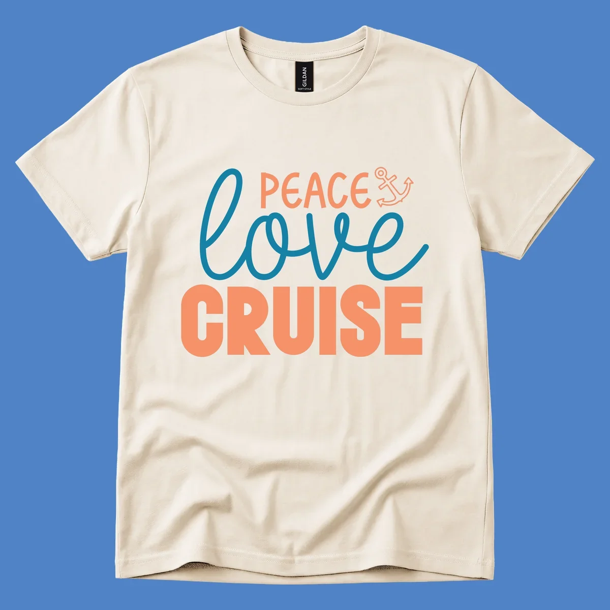 Peace Love Cruise design with coral and teal lettering and anchor icon on gray background