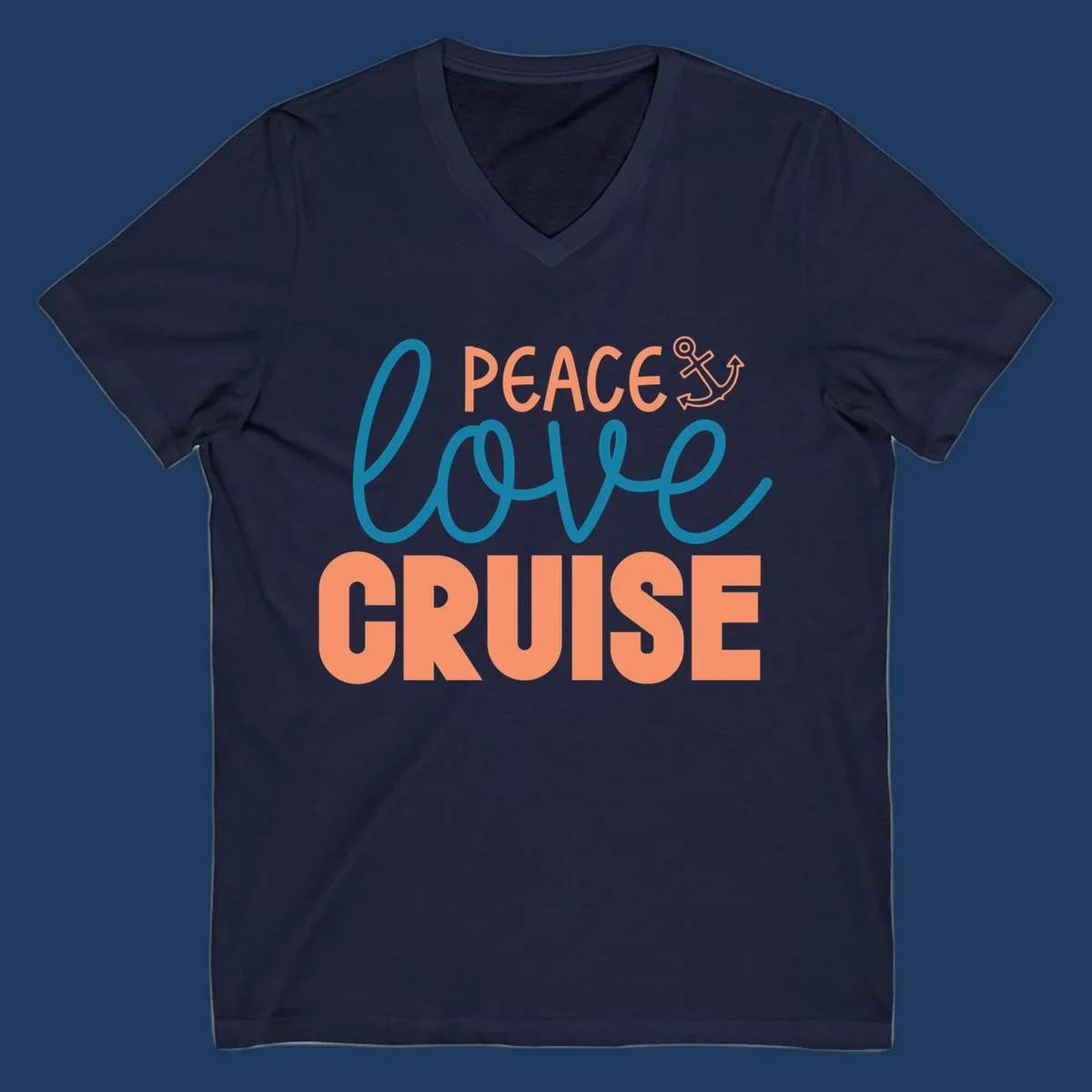 Peace Love Cruise design with coral and teal lettering and anchor icon on gray background