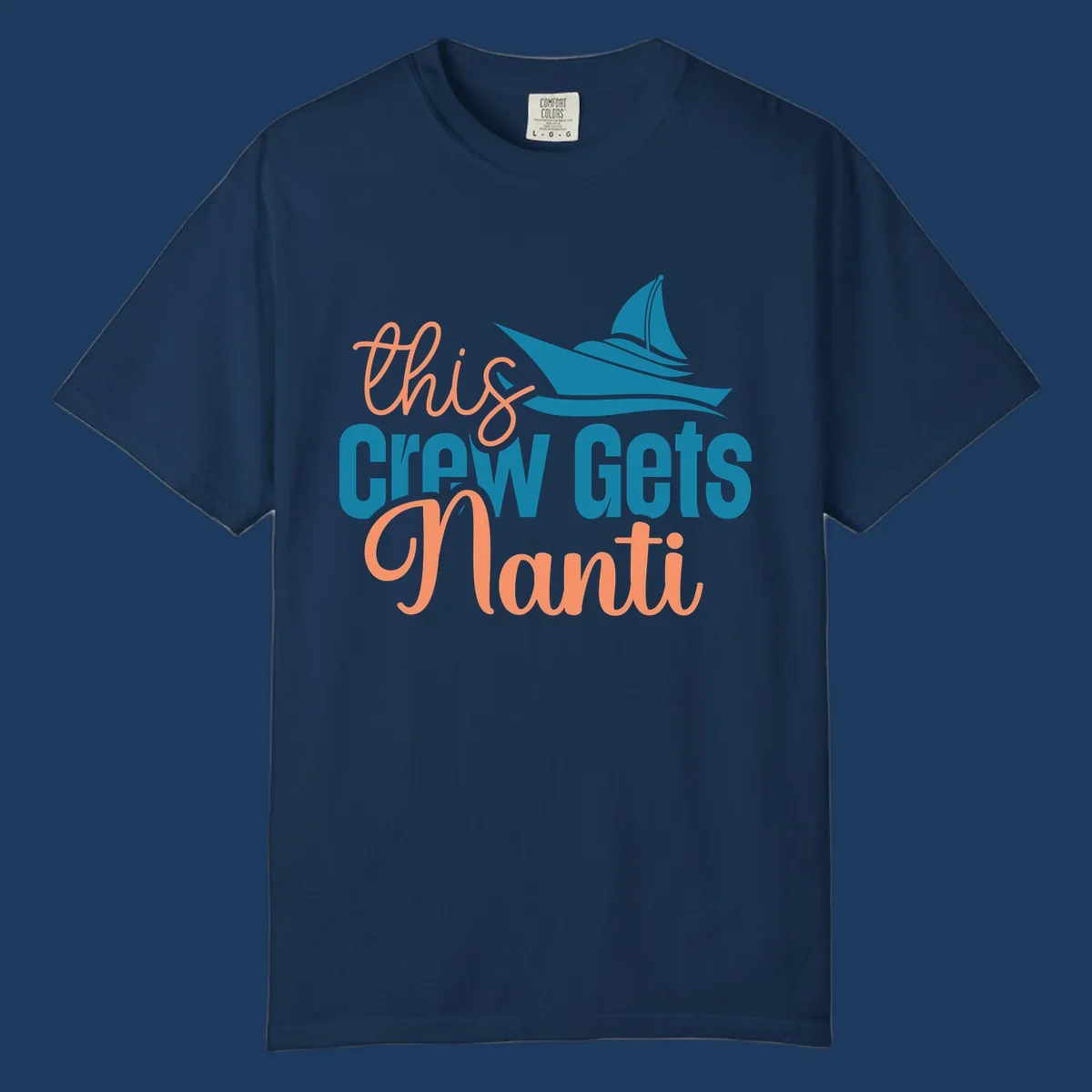 Chill crew gets afloat design with coral text and teal sailboat illustration on gray background