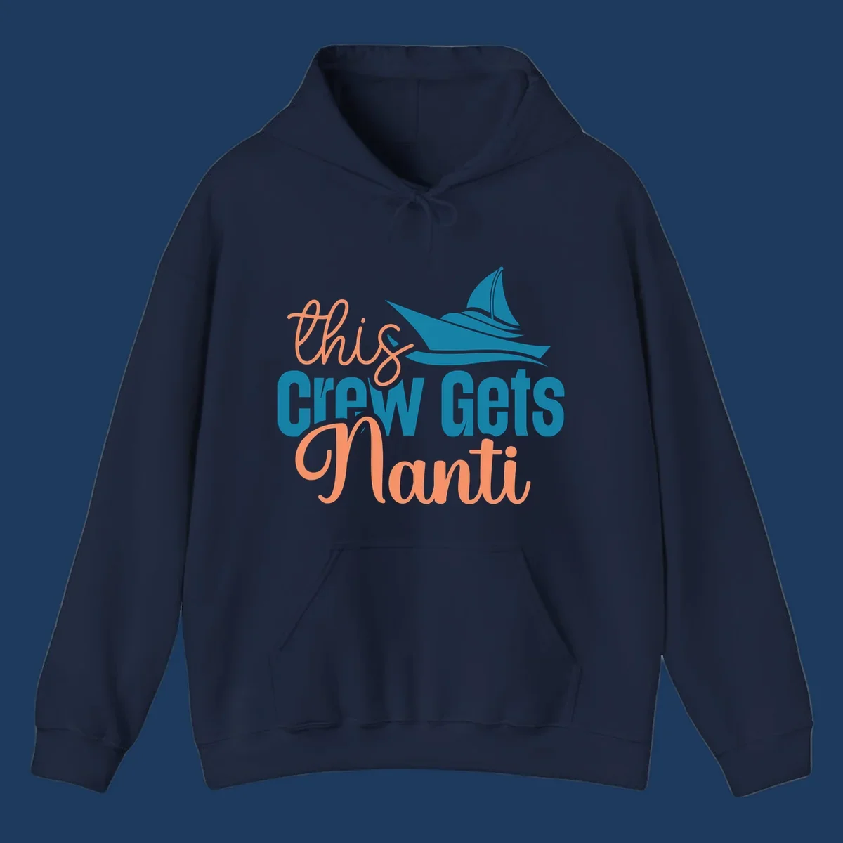 Chill crew gets afloat design with coral text and teal sailboat illustration on gray background