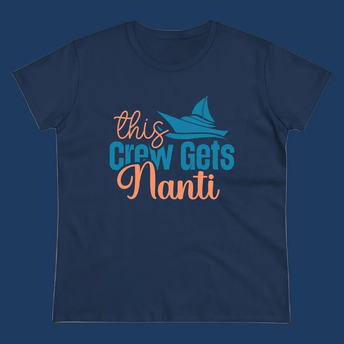 Chill crew gets afloat design with coral text and teal sailboat illustration on gray background