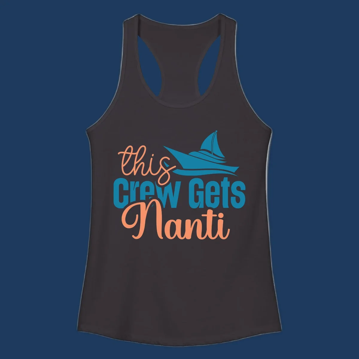 Chill crew gets afloat design with coral text and teal sailboat illustration on gray background