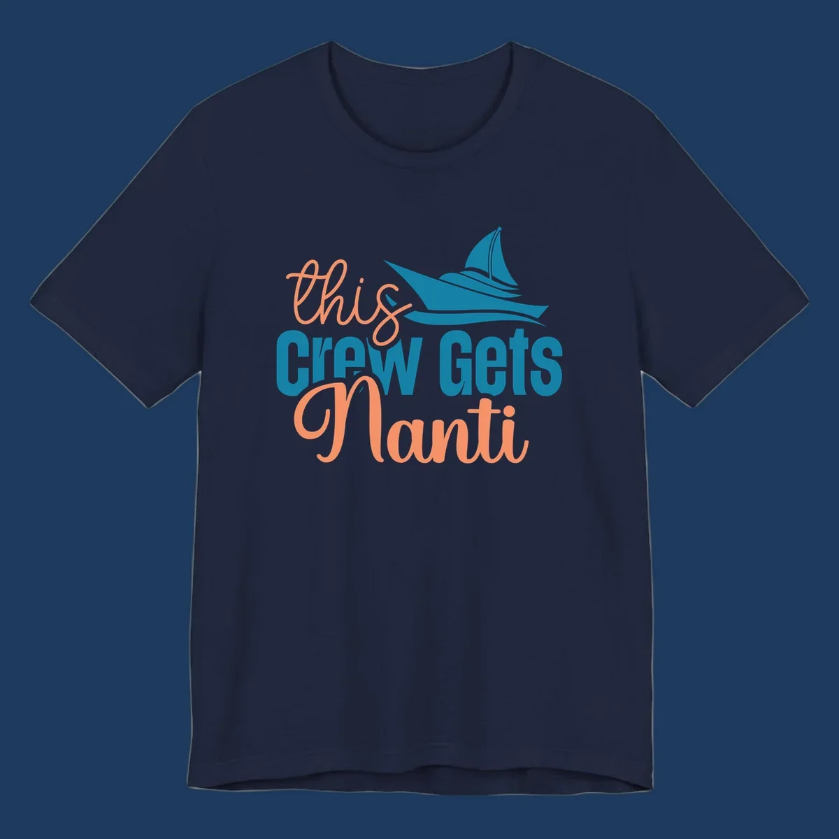 Chill crew gets afloat design with coral text and teal sailboat illustration on gray background