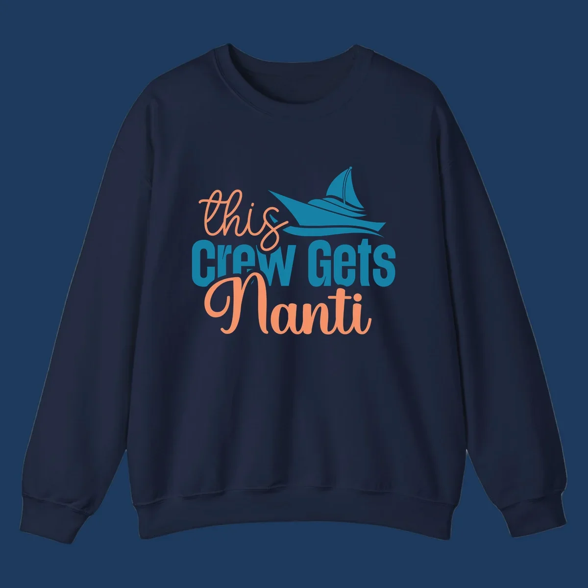 Chill crew gets afloat design with coral text and teal sailboat illustration on gray background