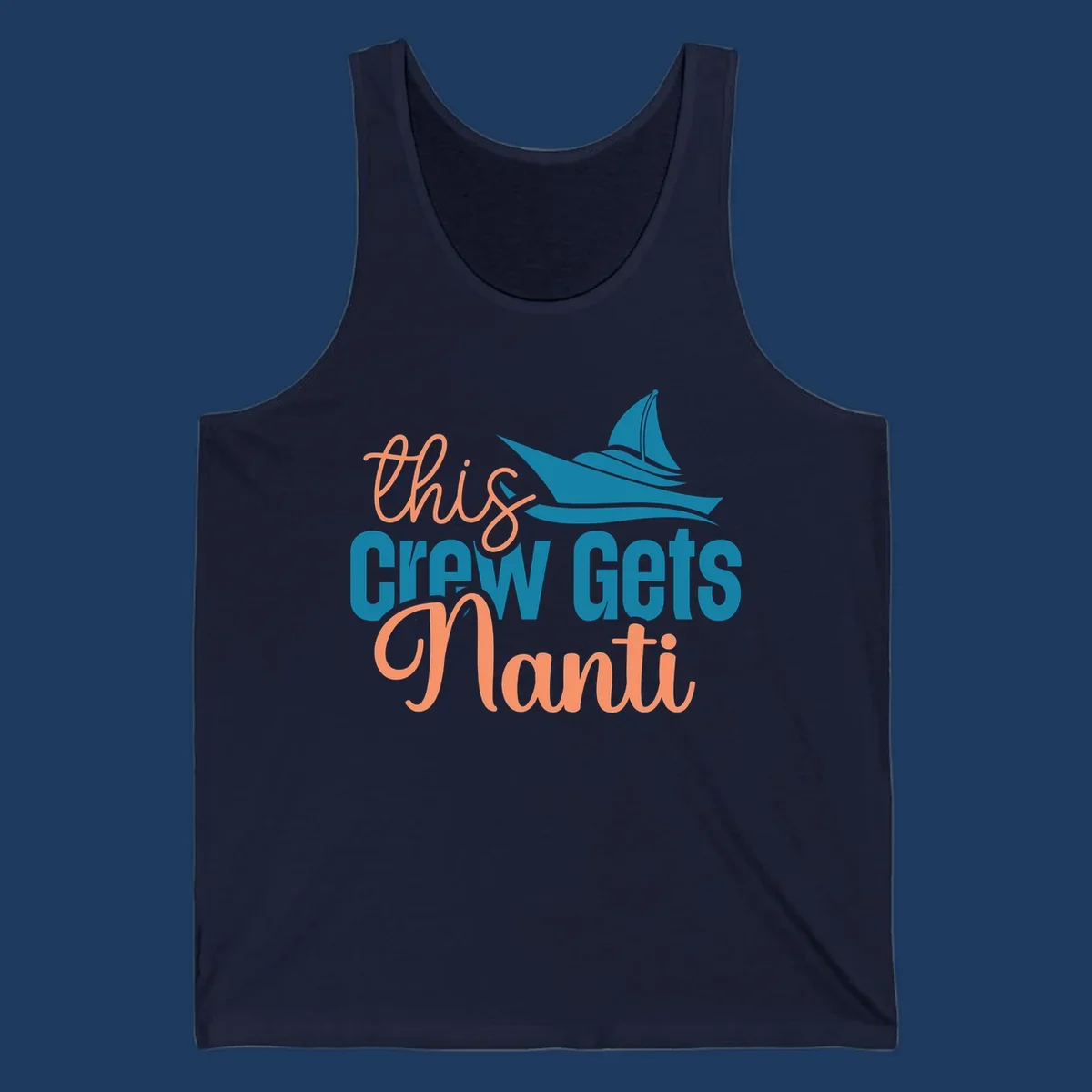 Chill crew gets afloat design with coral text and teal sailboat illustration on gray background