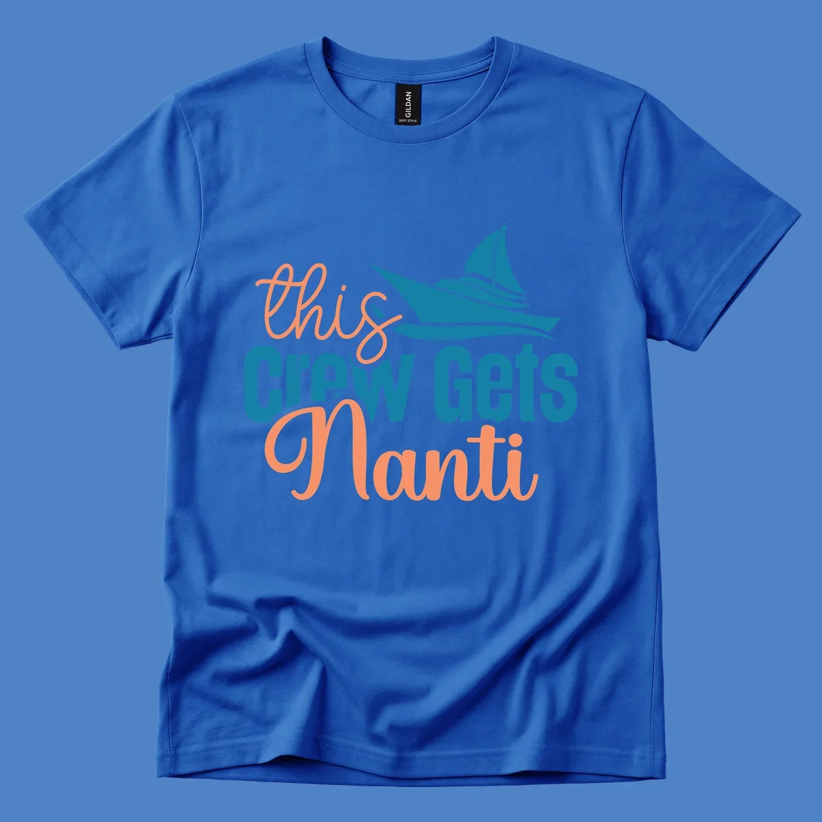 Chill crew gets afloat design with coral text and teal sailboat illustration on gray background