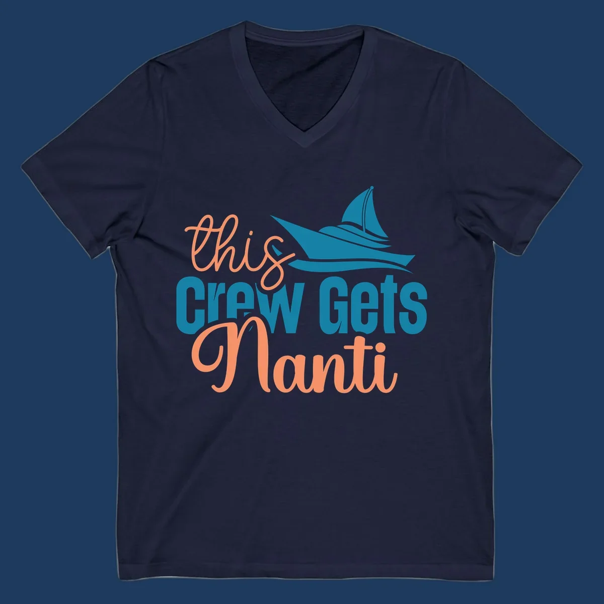 Chill crew gets afloat design with coral text and teal sailboat illustration on gray background