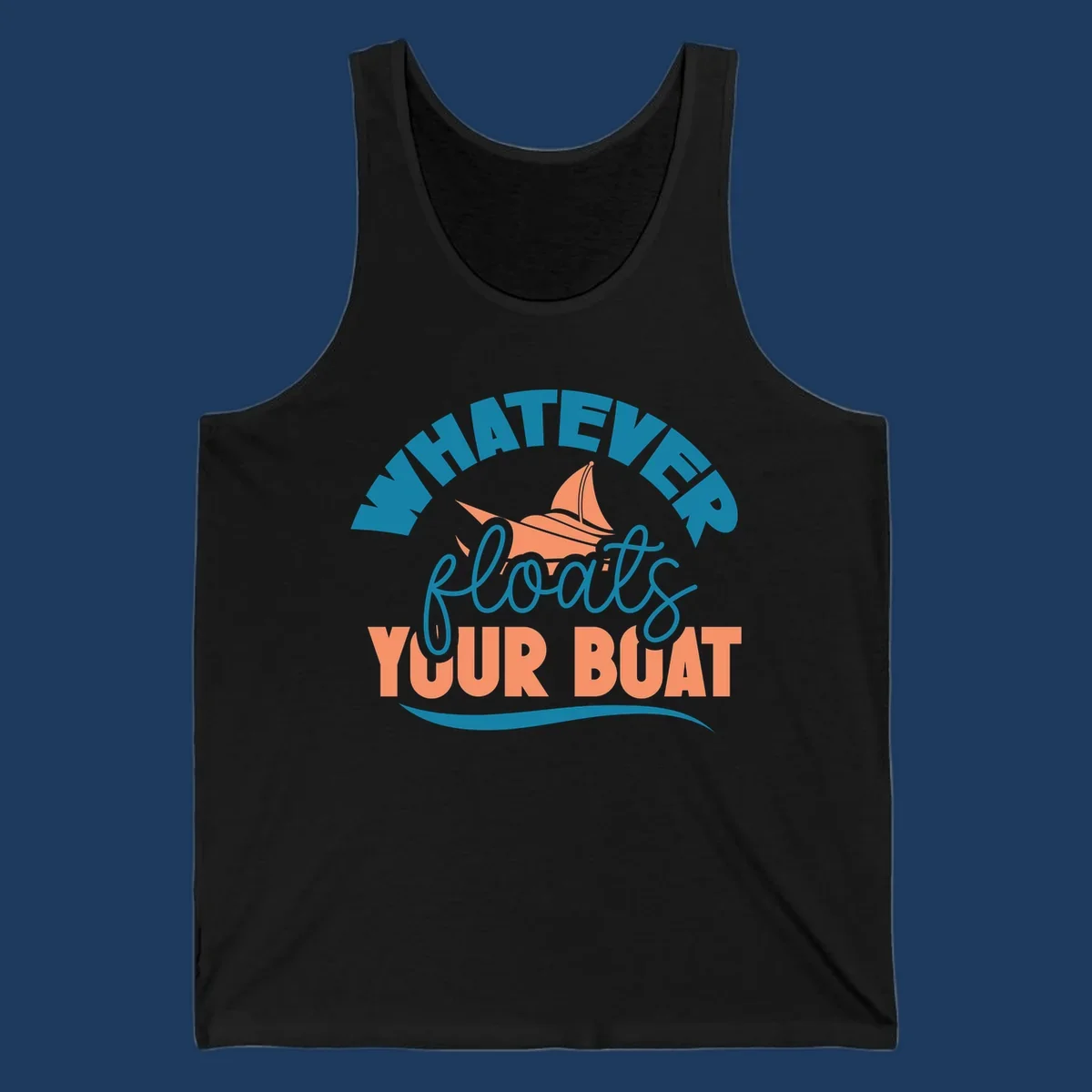 Sailboat illustration with 'Whatever Floats Your Boat' text in teal and coral colors on gray background