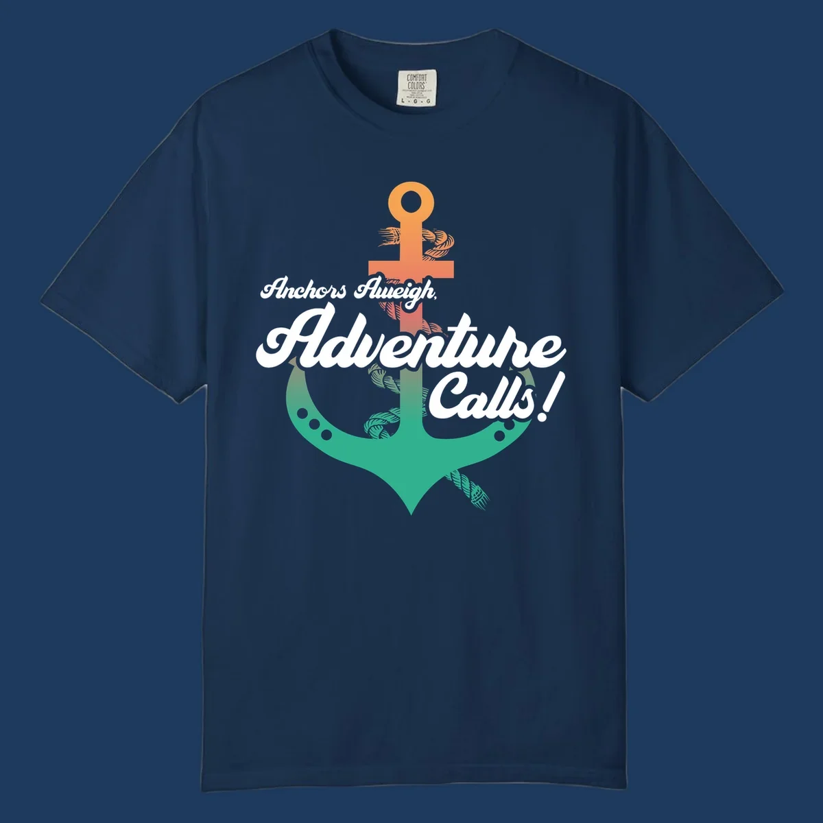 Nautical illustration with orange anchor and teal mermaid tail, white cursive text reading Anchors Aweigh Adventure Calls
