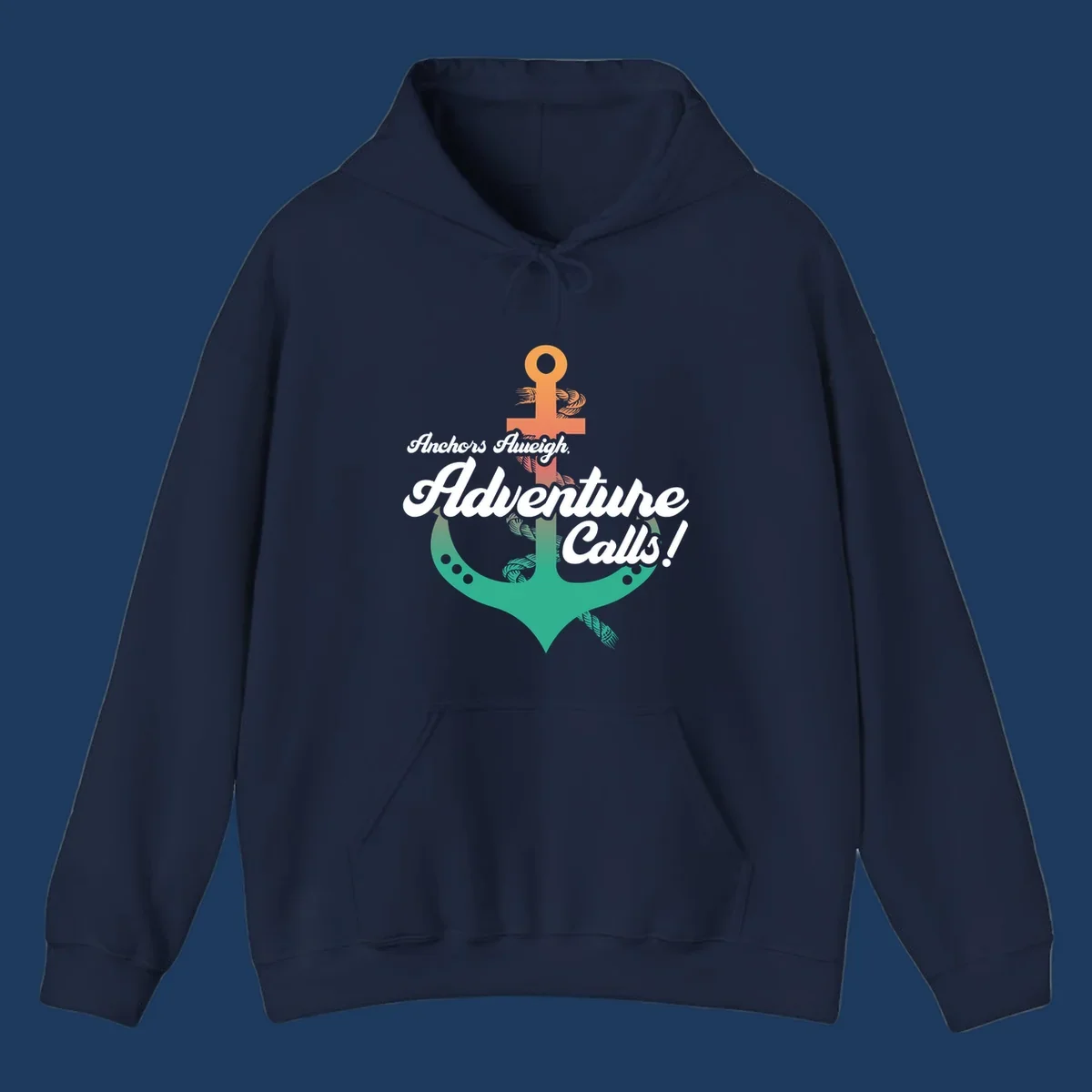 Nautical illustration with orange anchor and teal mermaid tail, white cursive text reading Anchors Aweigh Adventure Calls
