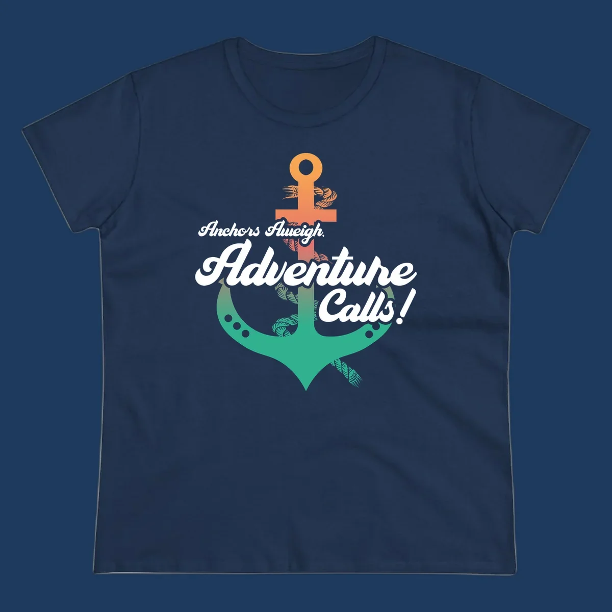 Nautical illustration with orange anchor and teal mermaid tail, white cursive text reading Anchors Aweigh Adventure Calls