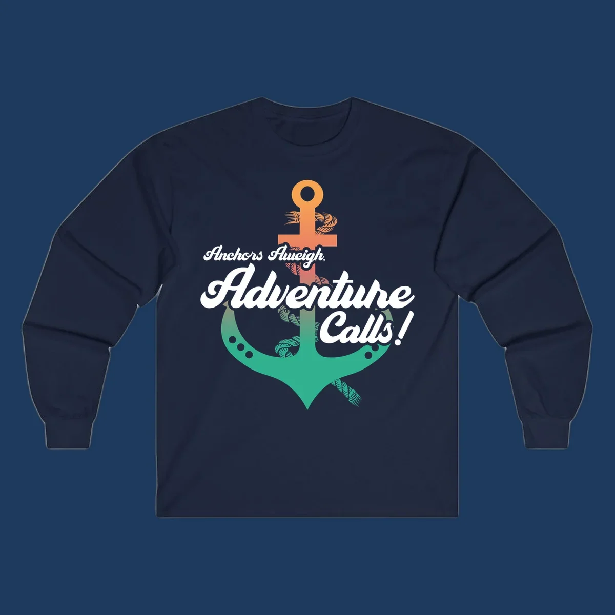 Nautical illustration with orange anchor and teal mermaid tail, white cursive text reading Anchors Aweigh Adventure Calls