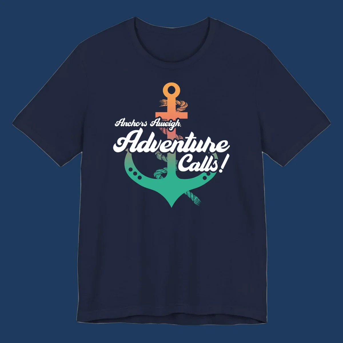 Nautical illustration with orange anchor and teal mermaid tail, white cursive text reading Anchors Aweigh Adventure Calls