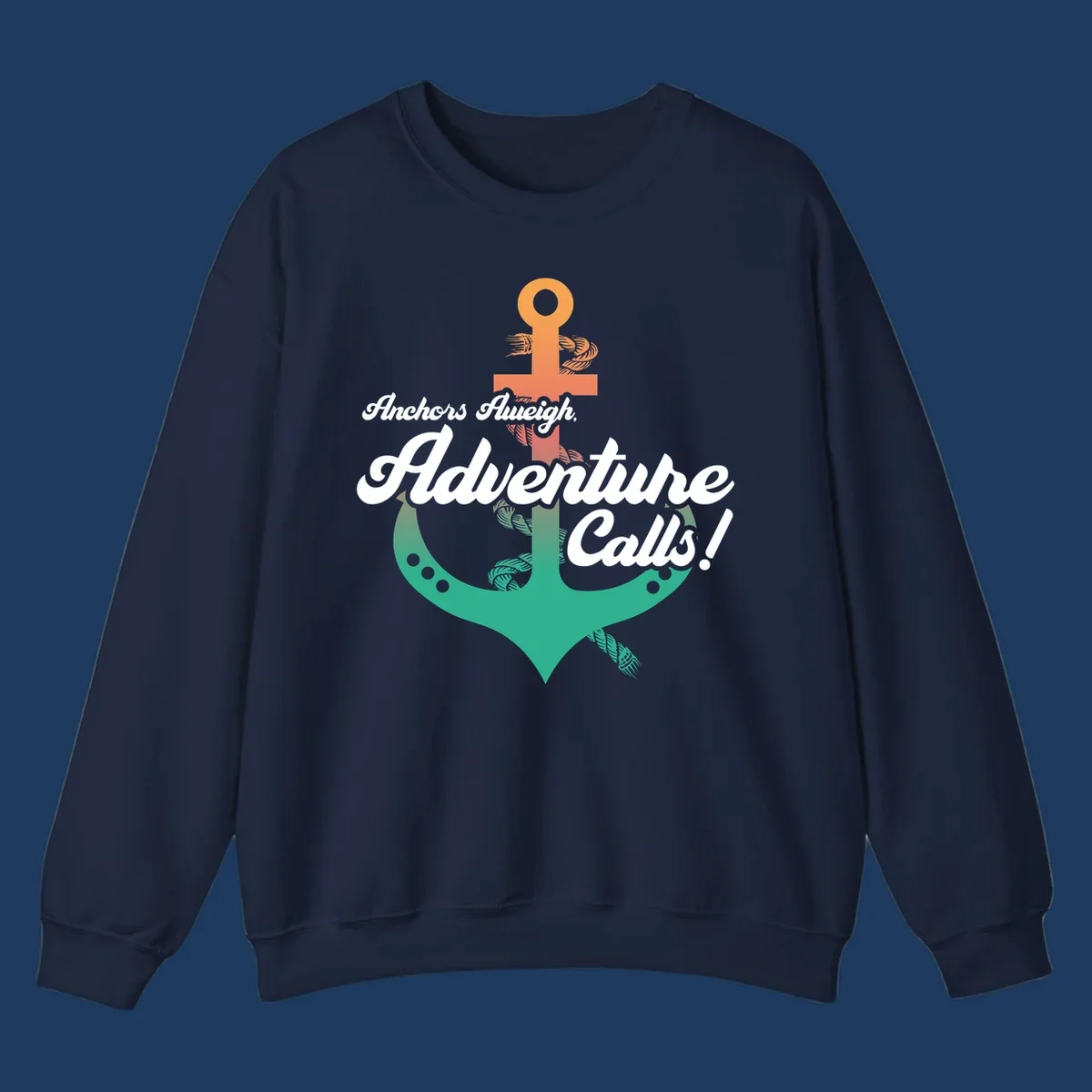 Nautical illustration with orange anchor and teal mermaid tail, white cursive text reading Anchors Aweigh Adventure Calls