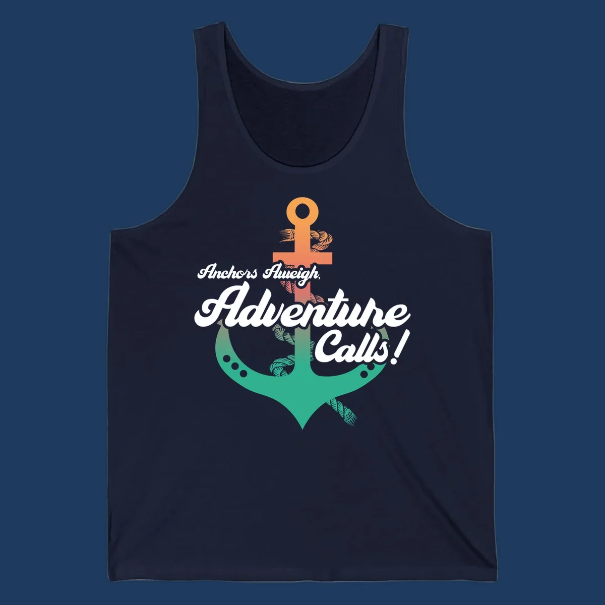 Nautical illustration with orange anchor and teal mermaid tail, white cursive text reading Anchors Aweigh Adventure Calls