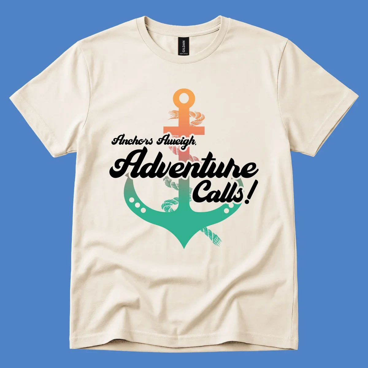 Nautical illustration with orange anchor and teal mermaid tail, white cursive text reading Anchors Aweigh Adventure Calls