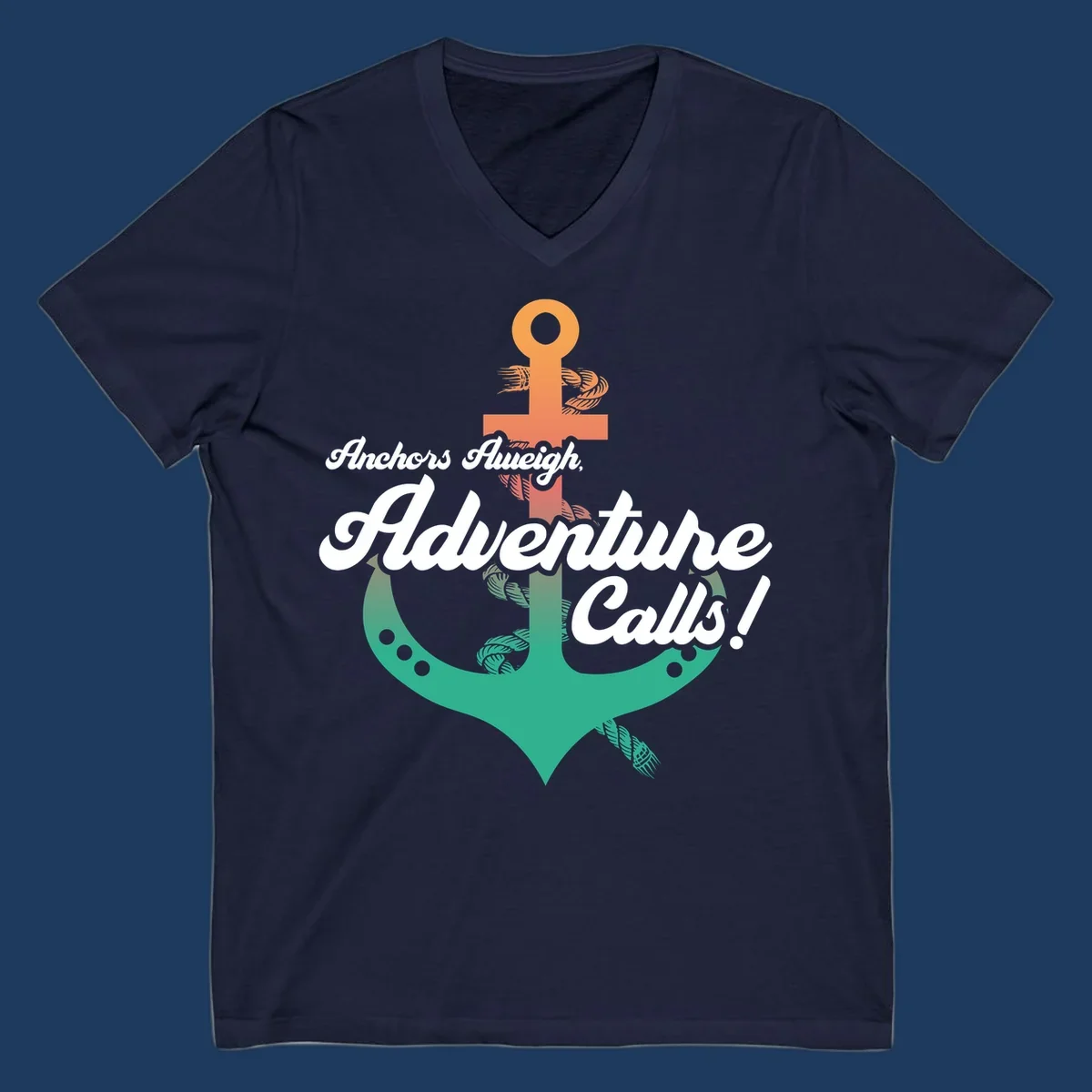 Nautical illustration with orange anchor and teal mermaid tail, white cursive text reading Anchors Aweigh Adventure Calls
