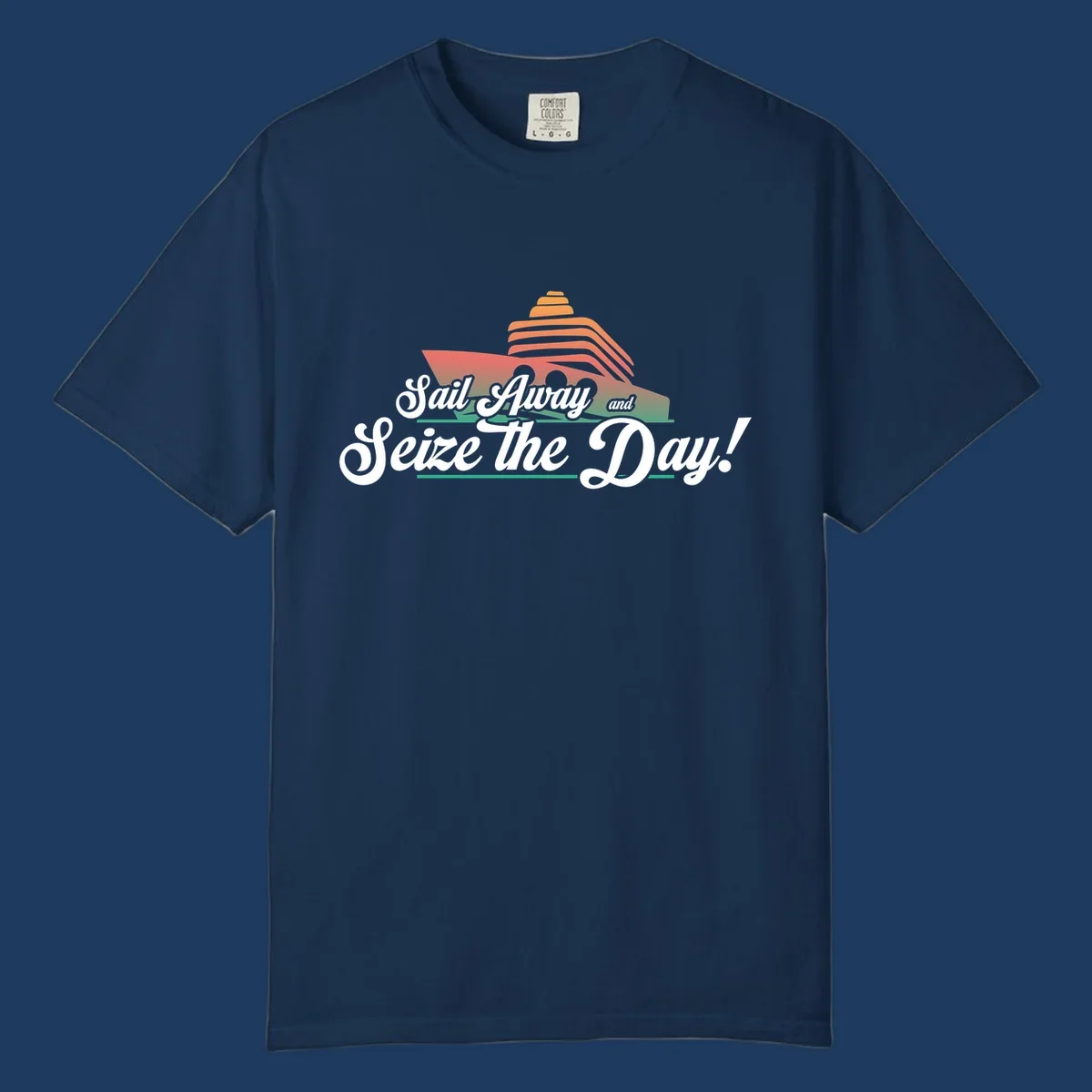 Sail away seize the day design featuring a layered coral cruise ship with white script text on gray background