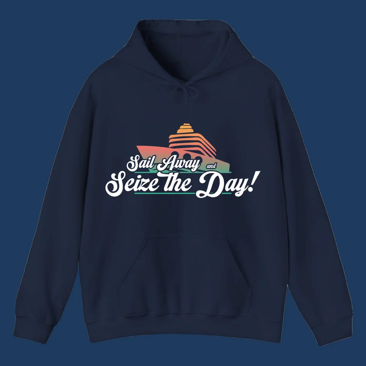 Sail away seize the day design featuring a layered coral cruise ship with white script text on gray background