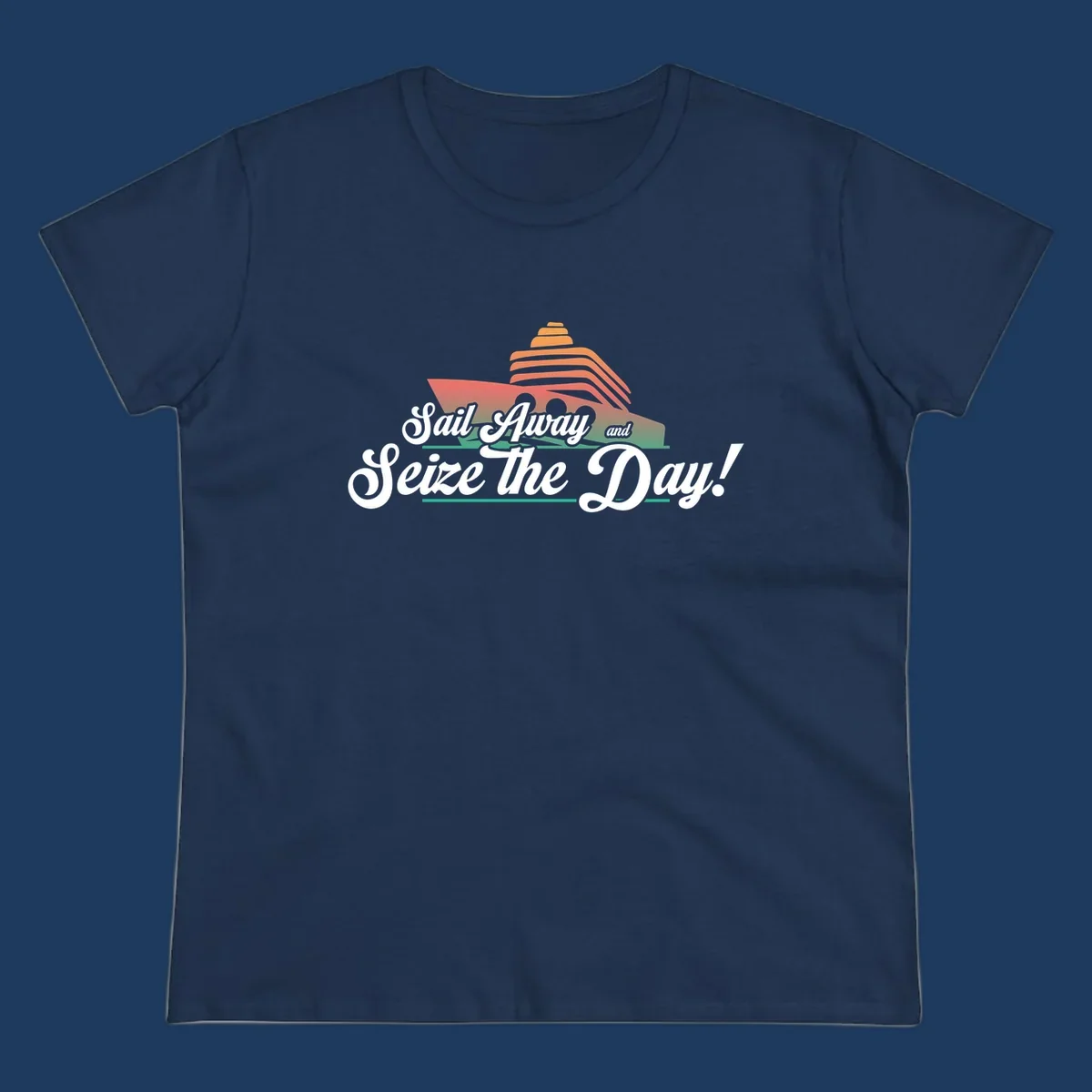 Sail away seize the day design featuring a layered coral cruise ship with white script text on gray background