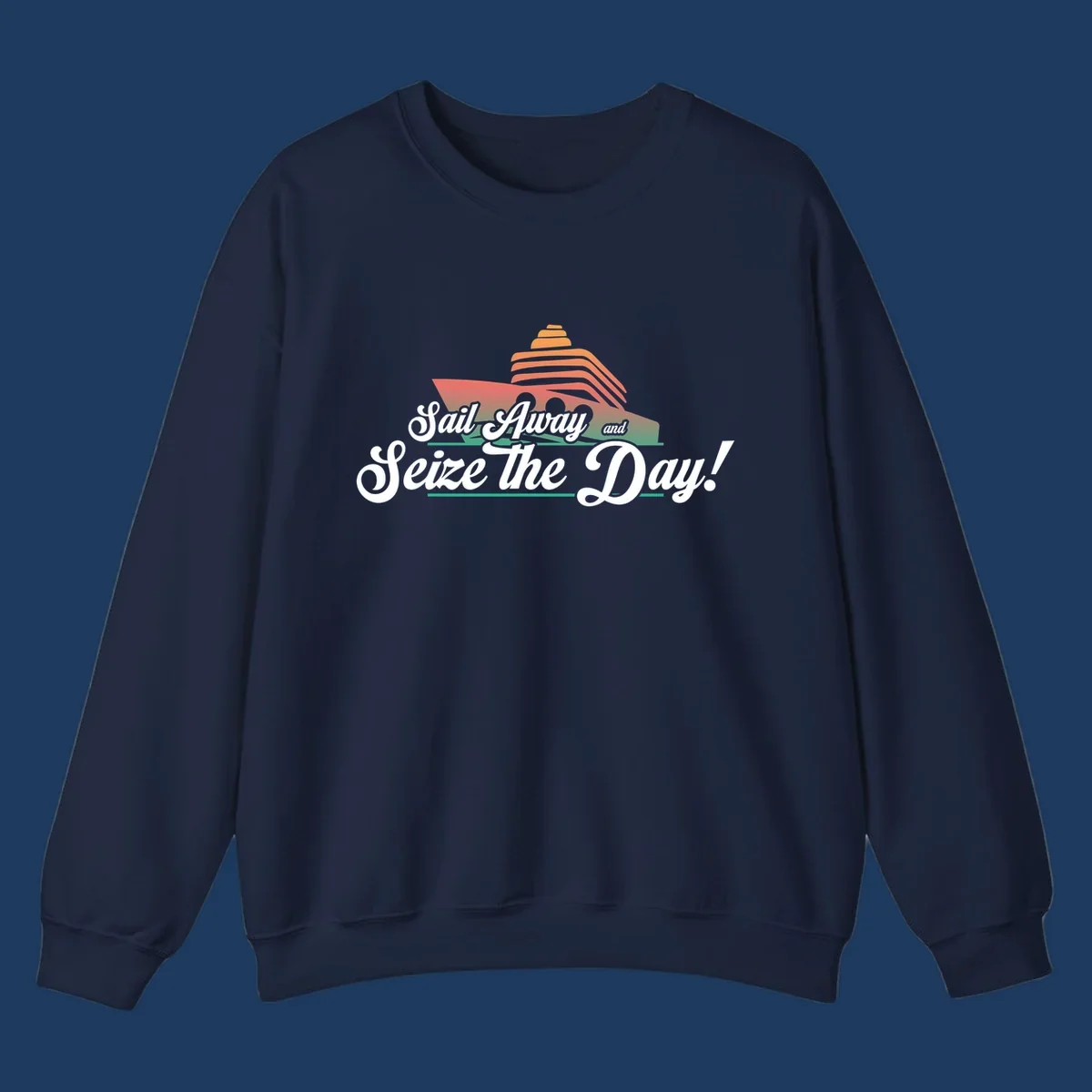 Sail away seize the day design featuring a layered coral cruise ship with white script text on gray background