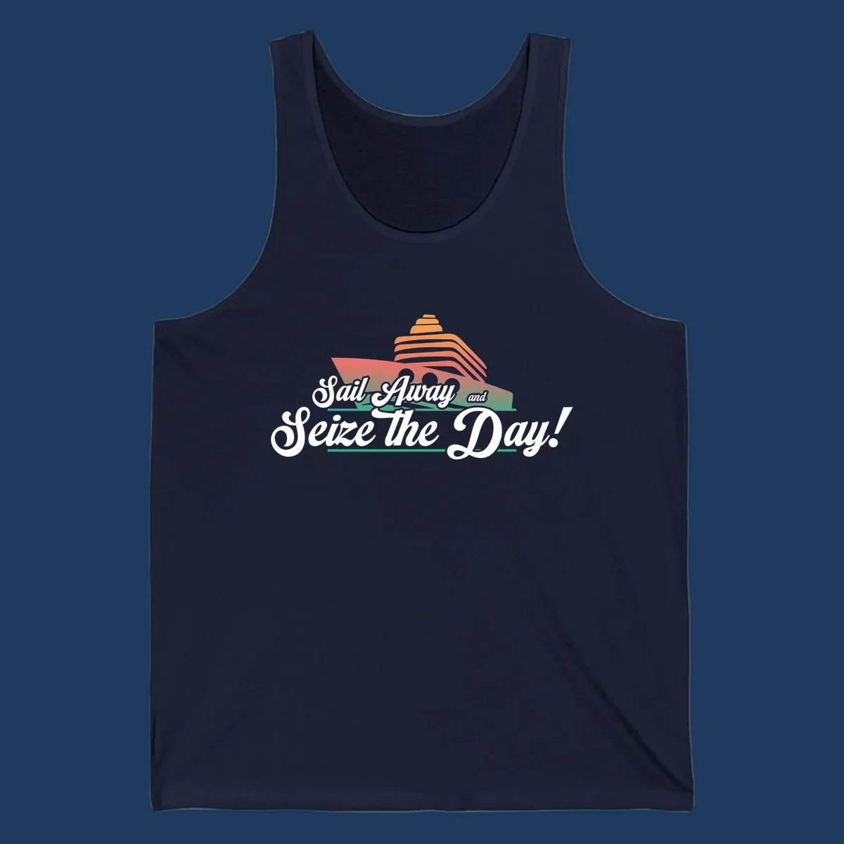 Sail away seize the day design featuring a layered coral cruise ship with white script text on gray background