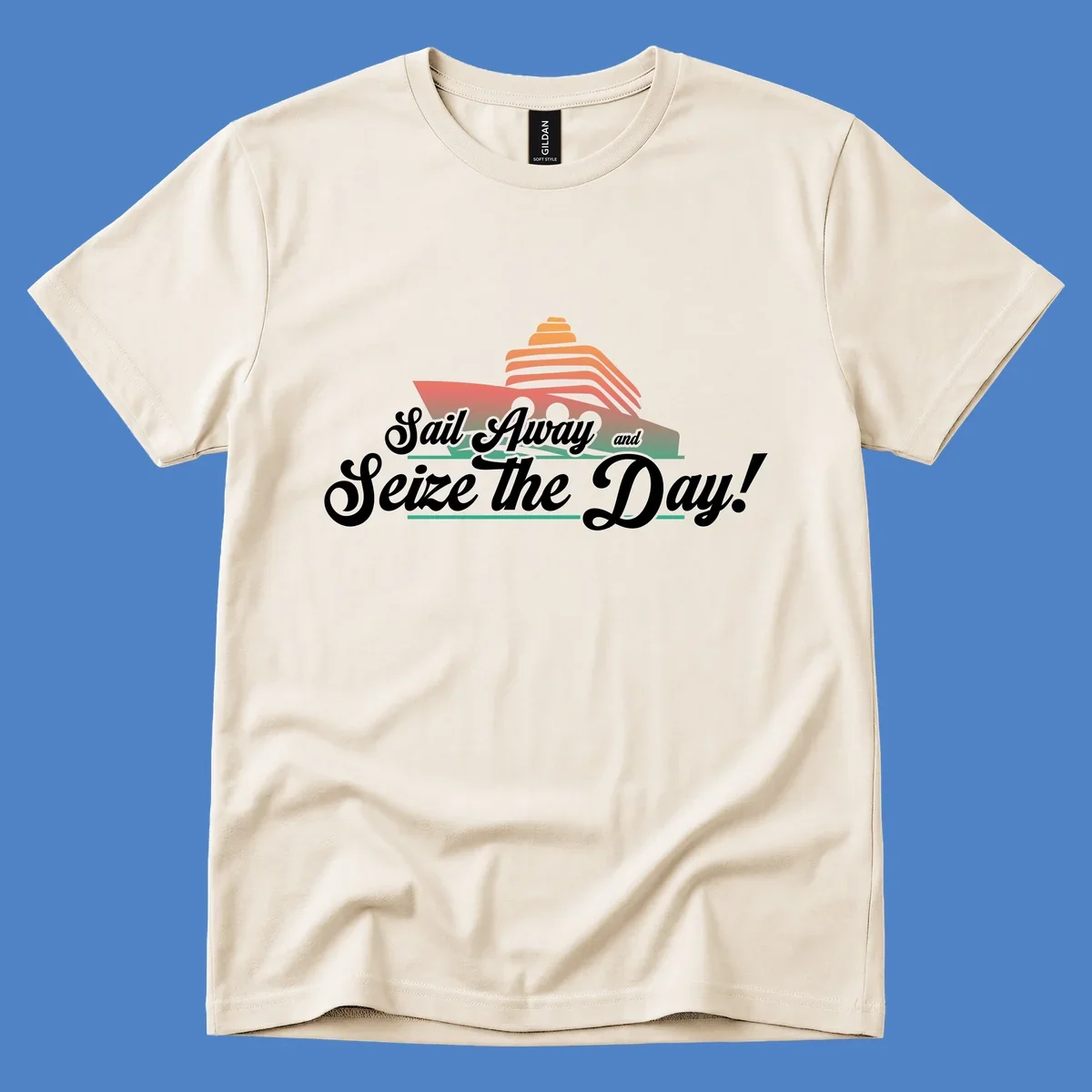 Sail away seize the day design featuring a layered coral cruise ship with white script text on gray background