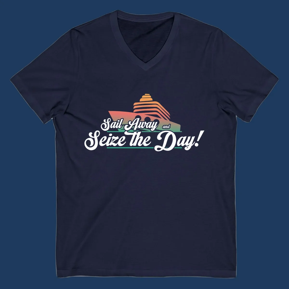 Sail away seize the day design featuring a layered coral cruise ship with white script text on gray background