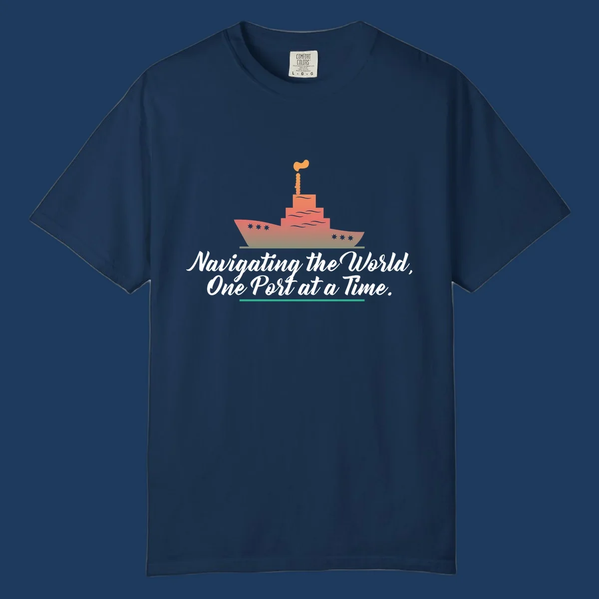 Illustration of a cargo ship with smokestacks above text reading 'Navigating the World, One Port at a Time' in white script