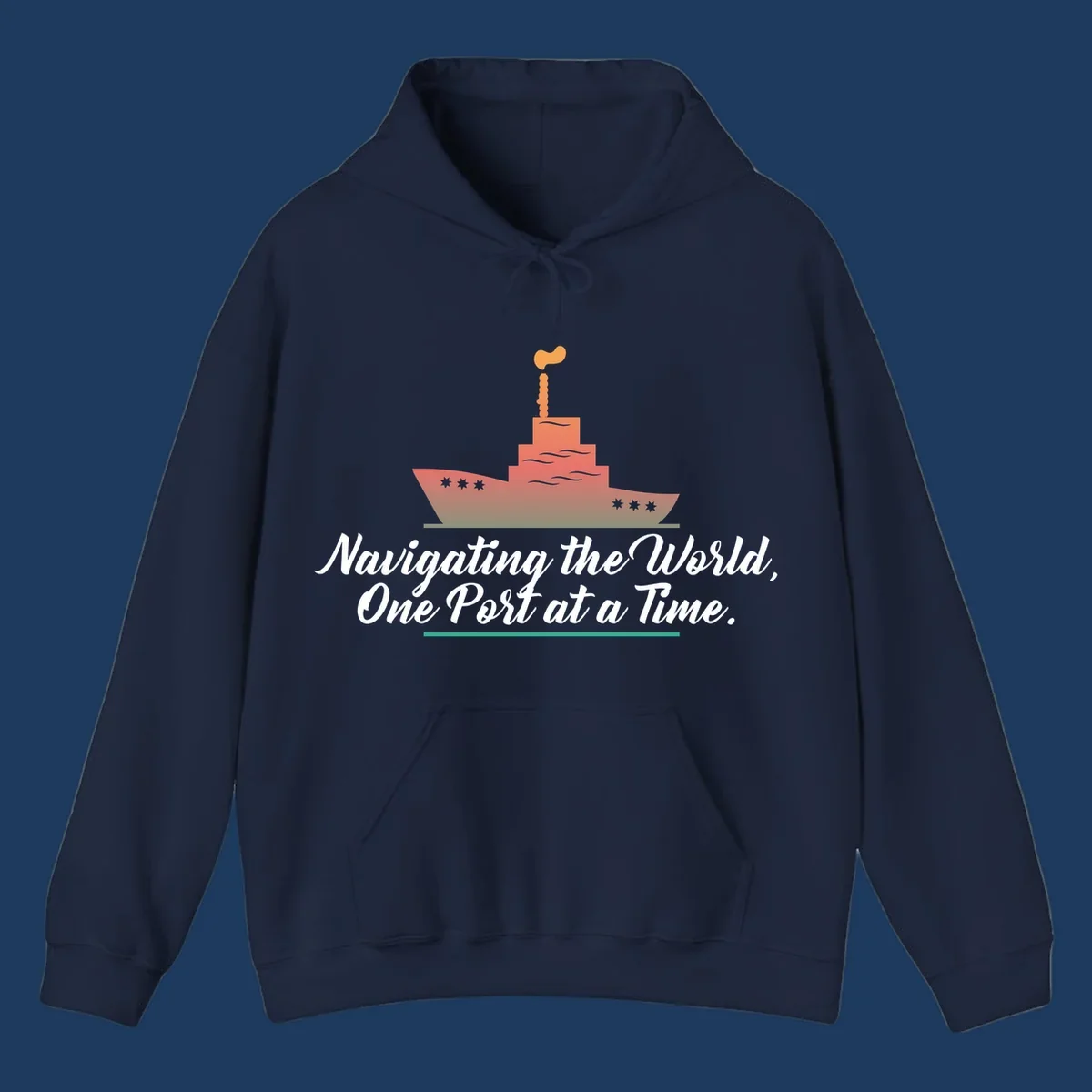 Illustration of a cargo ship with smokestacks above text reading 'Navigating the World, One Port at a Time' in white script