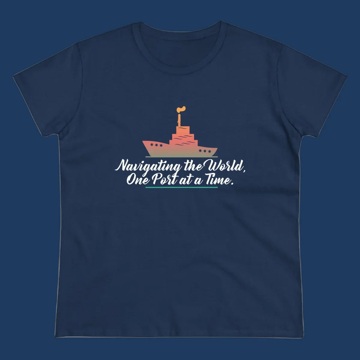 Illustration of a cargo ship with smokestacks above text reading 'Navigating the World, One Port at a Time' in white script