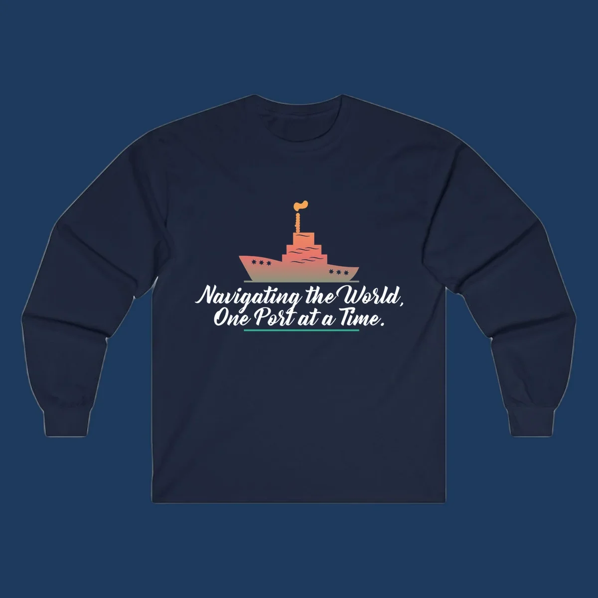 Illustration of a cargo ship with smokestacks above text reading 'Navigating the World, One Port at a Time' in white script